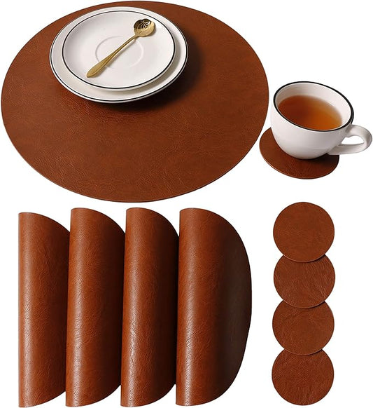 Embossed PU Leather Placemats, Waterproof Coffee Coasters, Kitchen Table Mats, Easy to Wipe Off for Dining Round Table