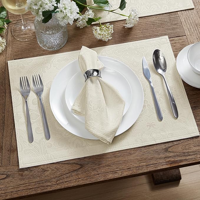 Elrene Home Fashions Caiden Elegance Damask Fabric Napkins (Set of 4), 17" x 17", Ivory