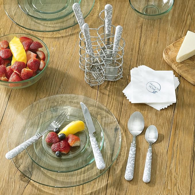 French Home Bistro 16-Piece Stainless Steel Flatware Set — Dinner Cutlery Set — Silverware Set Dishwasher Safe — Spoon & Fork And Knife Set — Modern Silverware Set For 4 (Light Gray & White)