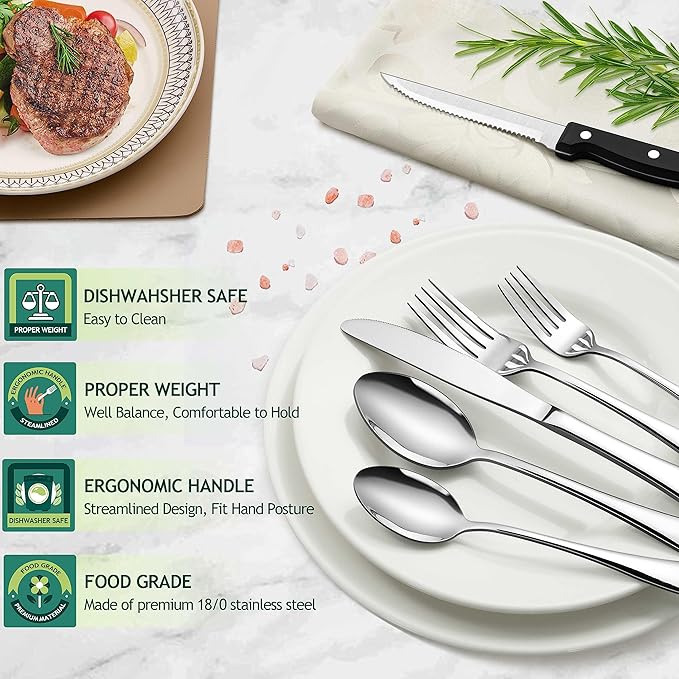 HaWare Silverware Set with Steak Knives, 72-Piece Stainless Steel Cutlery Set, Classic Flatware Set for 12, Mirror Polished Eating Utensils Tableware, Include Knives, Forks, Spoons, Dishwasher Safe