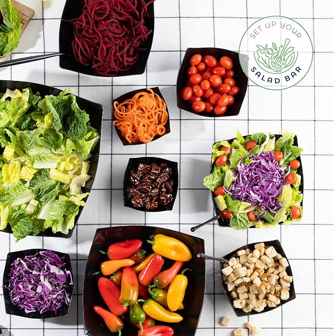 PLASTICPRO Disposable Square Serving Bowls, Party Snack or Salad Bowl, Plastic Black Pack of 4, 64 OUNCE, Black