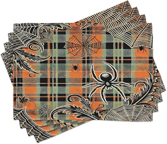Ambesonne Halloween Place Mats Set of 4, Spooky Autumn Spider and Leafy Webs on Orangish Buffalo Plaid Back, Washable Fabric Placemats for Dining Table, Standard Size, Apricot Pale Green Grey