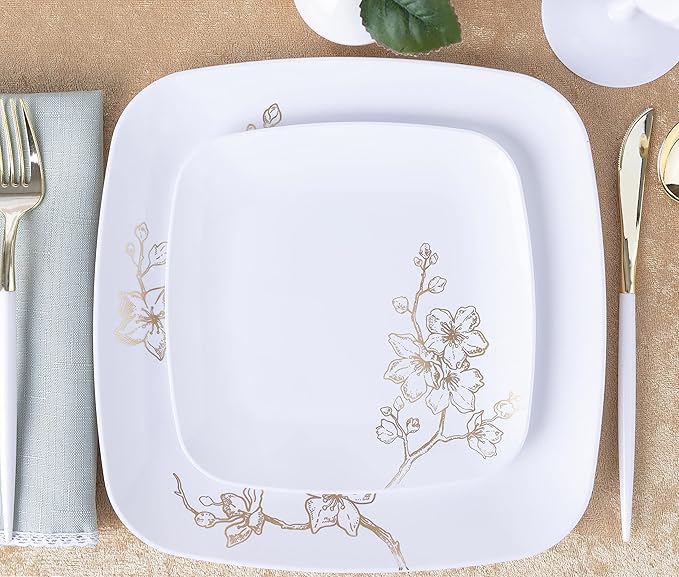 PLASTICPRO Square 128 Piece Combo Plates Set includes 64 x 7'' inch Salad Plates & 64 x 10'' inch Dinner Plate White Plastic Gold Buds Design Party Elegant, Tableware, Dishes,