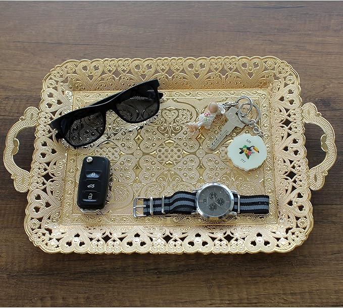 Turkish Vintage Style Entertaining Tray - |15.4” x 10.2”Multi-Purpose, Non-Tarnishing, Zamak Alloy, Decorative Ottoman Style - Rectangular Serving Tray for Coffee & Beverages (Gold)