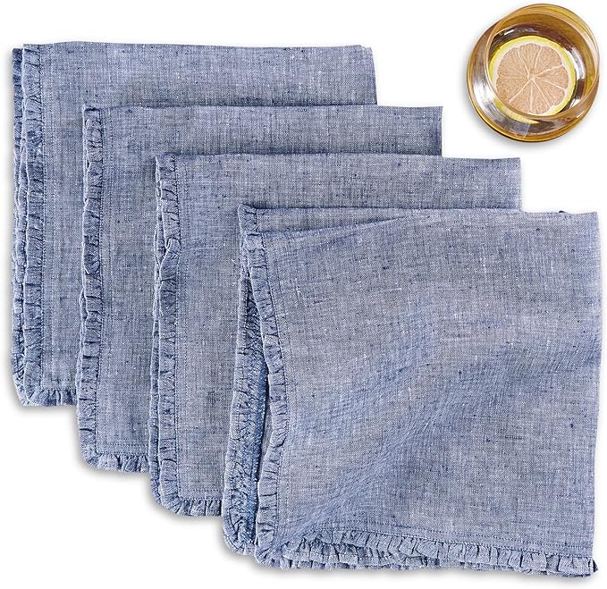 Solino Home Chambray Indigo Linen Dinner Napkins 20 x 20 Inch - 100% Pure Linen Juliette Ruffle Cloth Napkins Set of 4 - Handcrafted and Machine Washable
