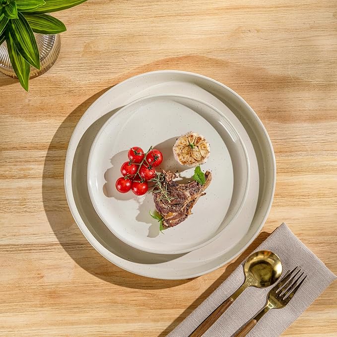 GBHOME 24-Piece Ceramic Dinnerware Set for 6, Handpainted Plates, Pasta Bowls & Bowls Set with Rustic Terracotta Underside, Scratch-Resistant, Dishwasher & Microwave Safe,Speckled Glaze Beige