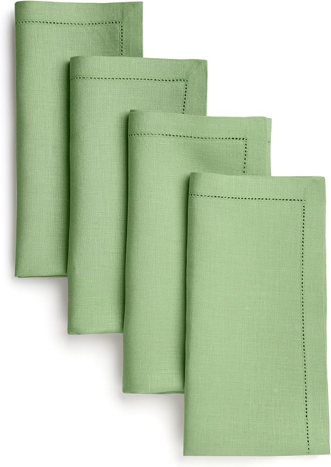 D'Moksha Homes Sage Green Linen Napkins Set of 4 - Classic Hemstitch 100% Pure Linen Hemstitch Dinner Napkins 20 x 20 Inch for Winter, Christmas, Holiday, New Year - Handcrafted and Machine Washable