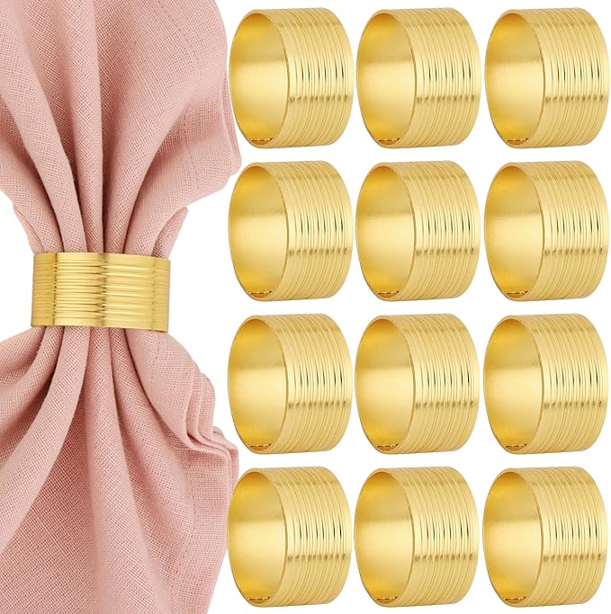 Round Serviette Rings Ribbed Napkin Ring Gold Napkin Rings Set of 12 Metal Napkin Rings Dinner Napkin Holders for Cloth Napkins Thanksgiving Wedding Christmas Party Kitchen Table Decoration