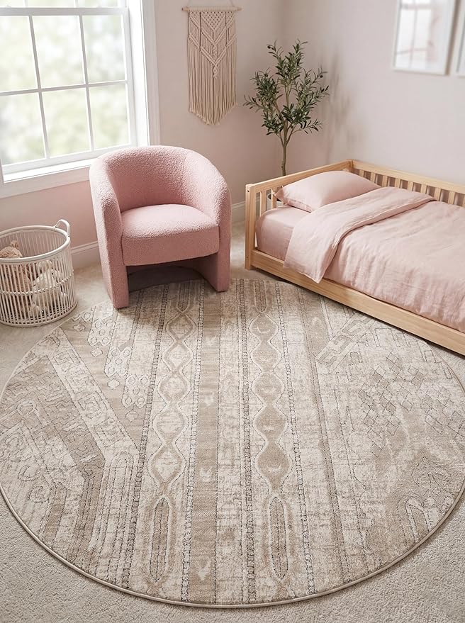 Rugs.com Oregon Collection Rug – 4 Ft Round Ivory Low-Pile Rug Perfect for Kitchens, Dining Rooms