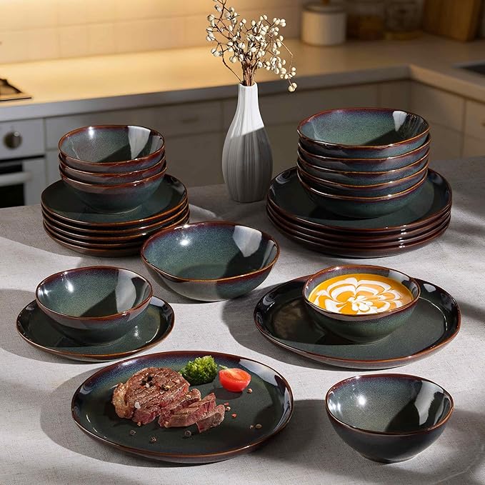 Herogo 18PCS Dinnerware Sets for 6, Stoneware Plates and Bowls Dish Set, Irregular Handmade Dinner Ware Dishware for Kitchen Dinning, Microwave & Dishwasher Safe, Lichen Green