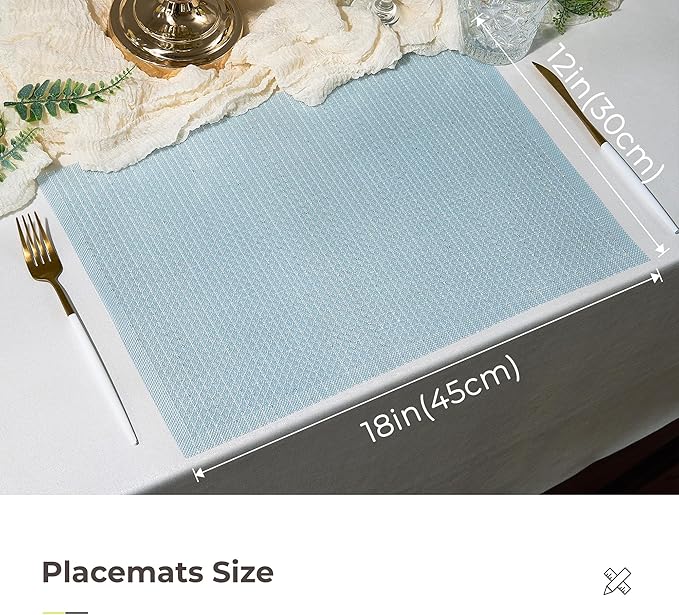Leetaltree Sparkling Mist Blue Sequin Woven Vinyl Placemats, Set of 12 - Waterproof & Washable Dining Table Mats for Wedding, Anniversary, Daily Use, Hand-Cut
