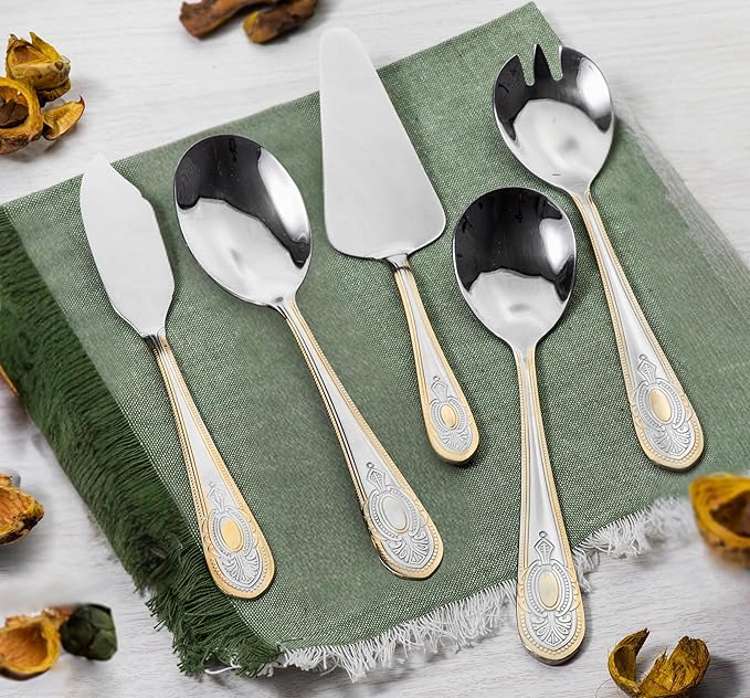 5 Piece Hostess Set - Serving Utensil Set - 18/10 Stainless Steel Silverware - Luxurious Handle with Gold Detailing - Elegant Silver and Gold Flatware Hostess Serveware (5, Lucca)