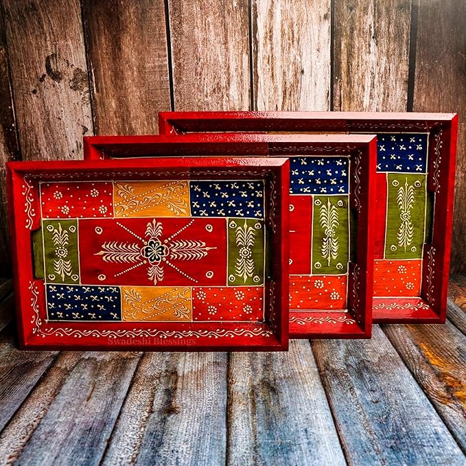Swadeshi Blessings Handcrafted & Hand-Painted Embossed Wooden Serving Trays Set of 3- for Kitchen/Table & Home Decor/Dinning/Gifts/Restaurants/Living Room/Coffee Table (AntiqueRed)
