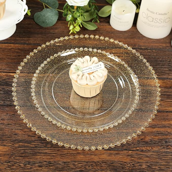 8" Salad Plates - Set of 20 - Plastic Clear Gold Glitter Round Disposable Dessert Appetizer Plate with Beaded Rim, Ideal for Dinner Party Wedding Bulk Events