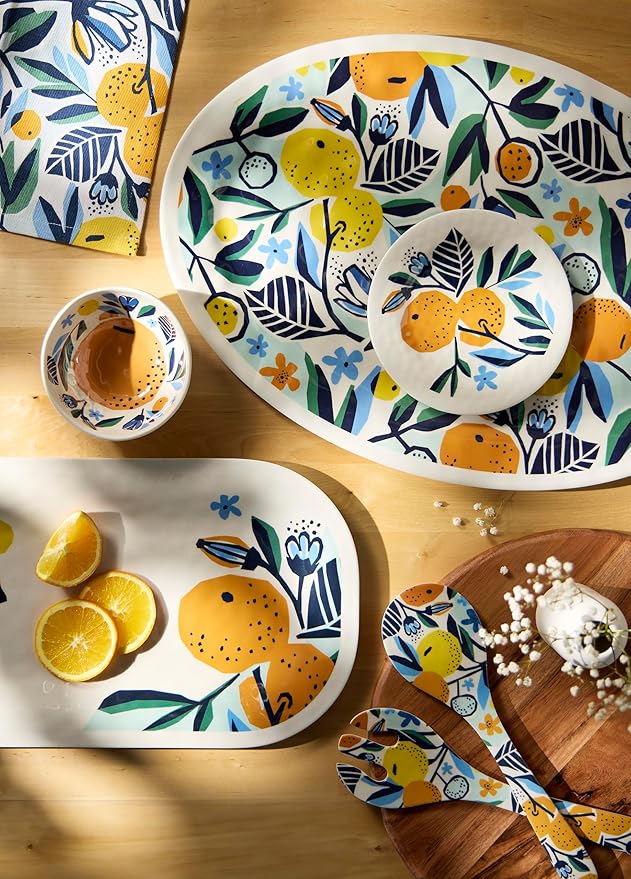 DEMDACO Decorative Dining Dish Appetizer Plate, 6.5 Inch Melamine Set of 4, Citrus Blooms