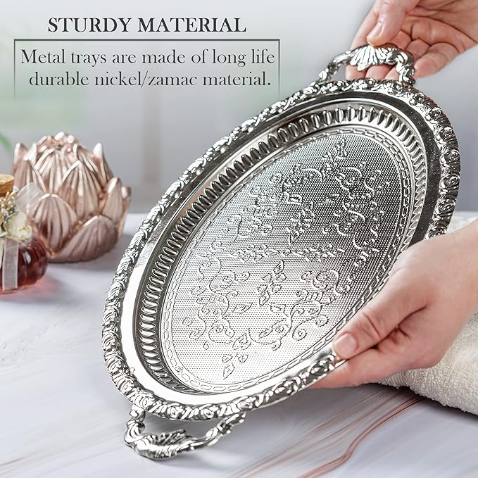 Crystalia Silver Metal Ottoman Coffee Tea Beverage Serving Tray, Large Fancy Decorative Ellipse Design, Vintage Cocktail Tray, Elegance Oval Serving Trays for Ottomans