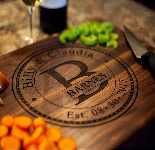 Christmas Gifts for Couples Custom Cutting Board – Personalized Wedding Gift & Bridal Shower Gift with Names & Date – Handmade in USA, (Wood Coasters, Display Stand & Gift Wrap options)