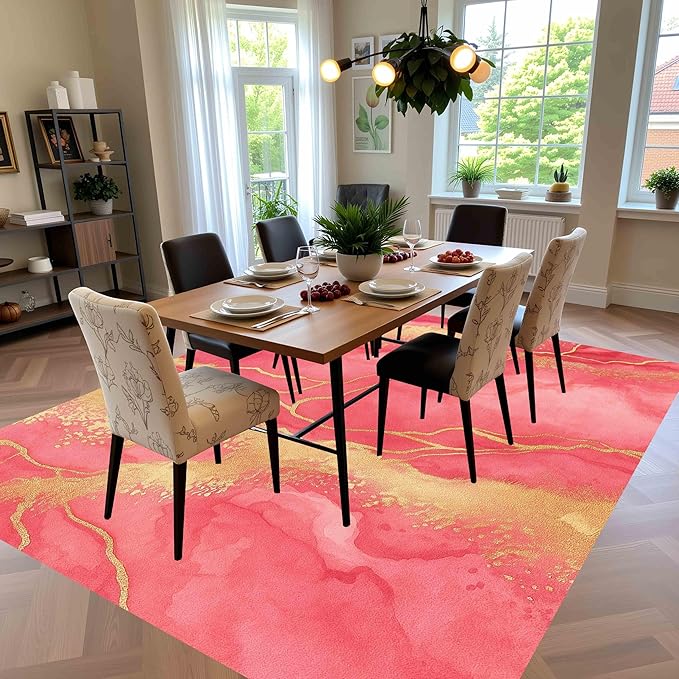 Vibrant Pink Gold Modern Abstract Marble Wavy Texture Home Office Rugs 9x12 for Living Room Bedroom Dining Room Soft Non Slip Large Area Rug Nursery Dorm Kitchen Liquid Aesthetic Art Deco Lux Carpet