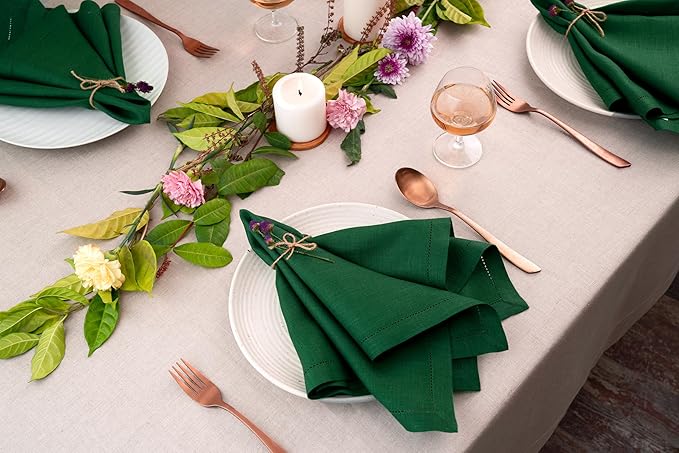 D'Moksha Homes Forest Green Linen Napkins Set of 4 - Classic Hemstitch 100% Pure Linen Hemstitch Dinner Napkins 20 x 20 Inch for Winter, Christmas, Holiday, New Year - Handcrafted and Machine Washable