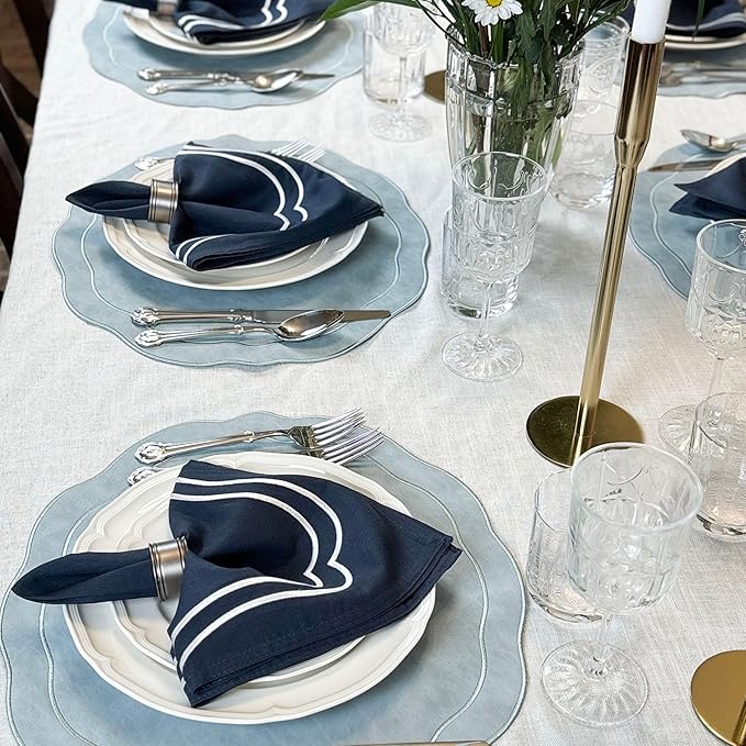 Embroidered Scalloped Faux Leather Placemats Set of 4 - Earth Tone, Soft, Wipeable Luxury Dinner Table Mats for Dining & Wedding, 17.25" x 15", Light Blue Gray