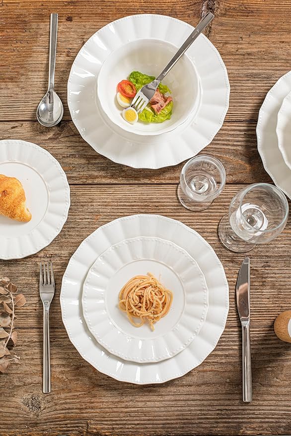 HOMBENE Plates and Bowls Sets, 12 Piece Dinnerware Sets Bone China, Porcelain Dinner Set with Cereal Bowls, Ceramic Soup Bowls, for Pasta, Salad, Gift Idea, Wavy Pattern