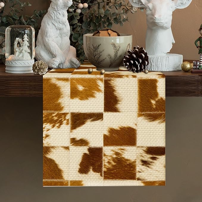 Cow Pattern White Table Runner Farmhouse Fall Kitchen Dining Linen Table Decoration for Indoor Outdoor Home Party Decor 13 x 72 Inch