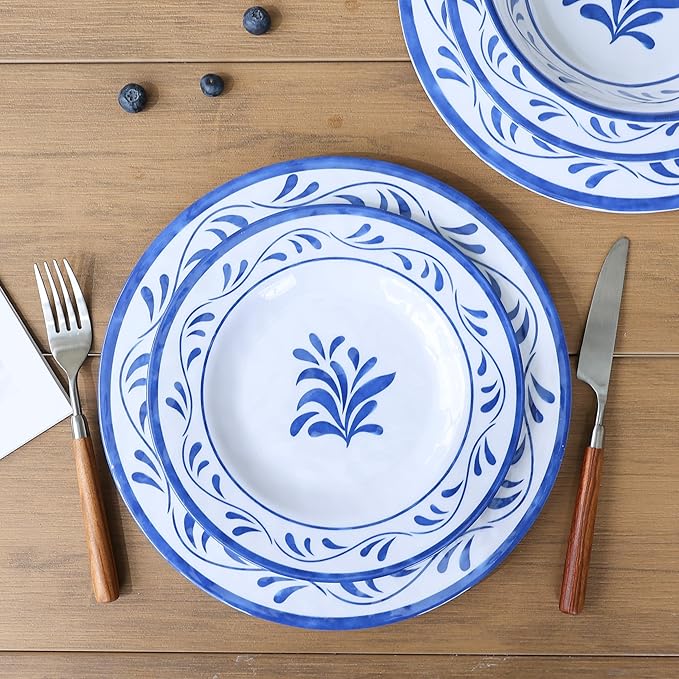 Melamine Dinnerware Sets 12 Pcs, Melamine Plates and Bowls,Party Plates and Bowls Sets, Camping Dishes Set for 4, Unbreakable, BPA Free, Dishwasher Safe （Blue water drop flower）