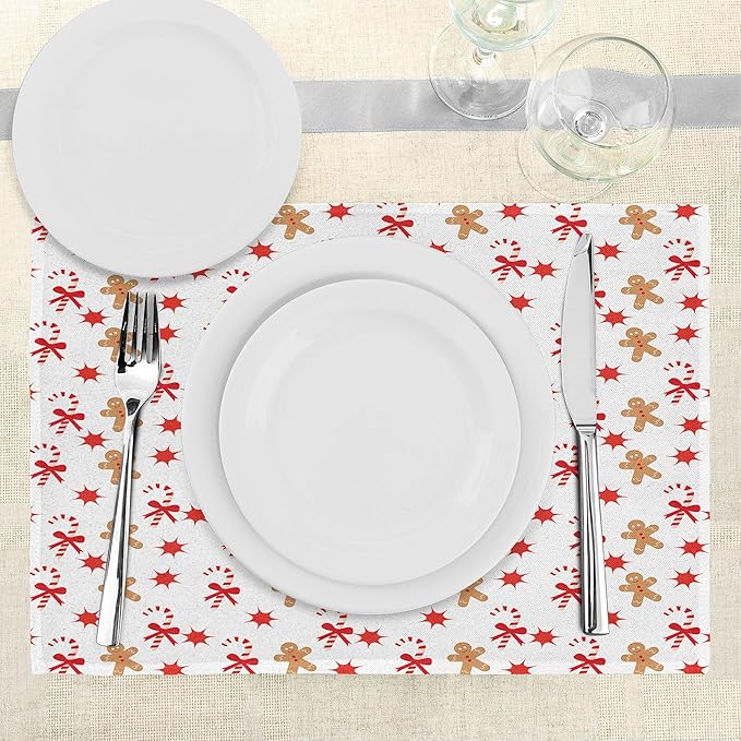 Ambesonne Gingerbread Man Place Mats Set of 8, Candy Cane Bowties Red Star Christmas Cookie Pattern, Washable Fabric Placemats for Dining Table, Placemat 8 pcs, Sand Brown Orange