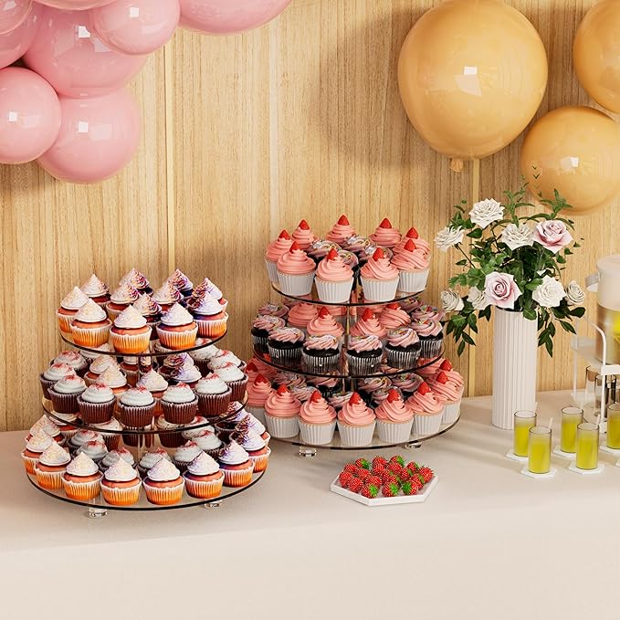 3 Tier Cupcake Tower with 10" 12" 14" 4mm Thick Heavy-Duty Trays, Acrylic Dessert Display Stand for Weddings, Parties, Baby Showers, Round Cupcake Display Stand