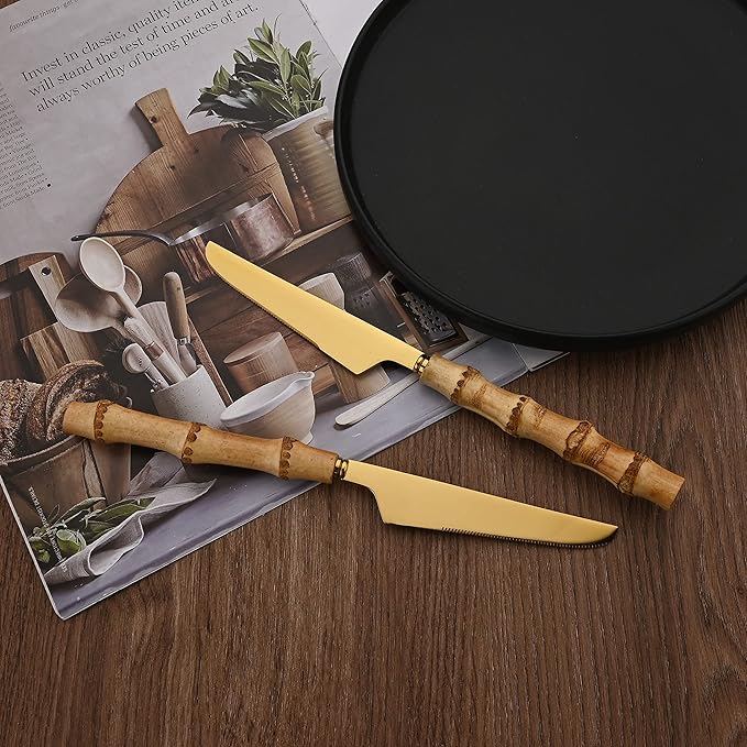 40 Pcs Bamboo Handle Cutlery Sets, Natural Bamboo Flatware Set for 10, Gold Stainless Steel Silverware Set for Home Party Restaurant, Handcrafted Eating Utensils, Include Knife Fork Spoon