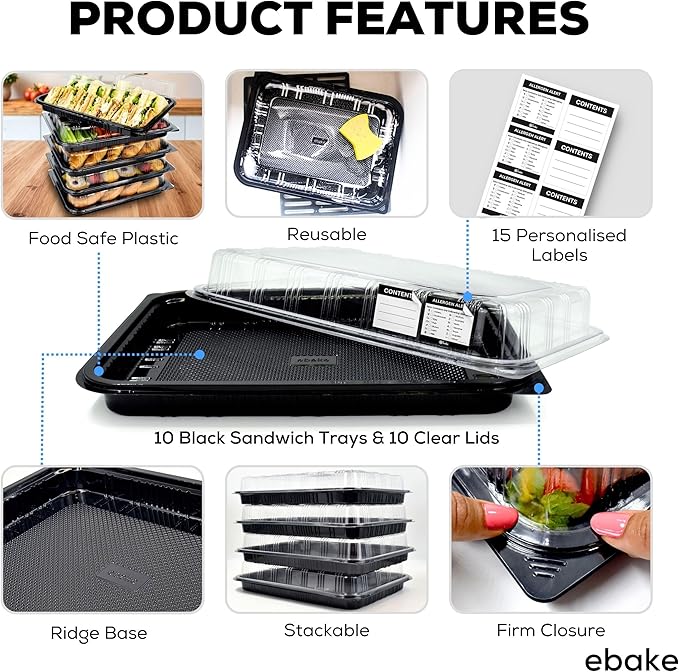 10 Pack Catering Trays with Lids – 13" Serving Tray with Lid, Heavy Duty Recyclable Plastic Party Platters for Catering, Buffet, Picnics & Events – Food Trays with Clear Lid (13.39 × 9.84 × 2.95 inch)