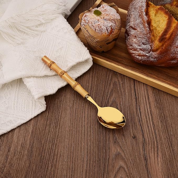 Stainless Steel Flatware Set, Bamboo Handle Silverware Set, Reusable Eating Utensils for Home Kitchen and Restaurant, Modern Gold Cutlery Set, 8 Pieces Dinner Spoons