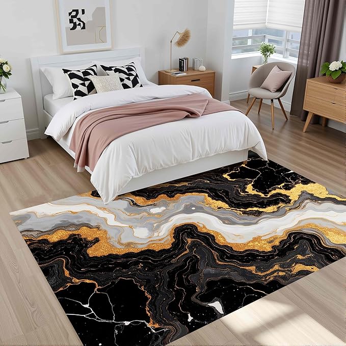 Marble Wavy Pattern Lux Art Aesthetic Deco Indoor Area Rug for Living Room Bedroom Dining Room Soft Easy Clean Non Skid Rugs 2x3 Under Table Modern Cozy Mats Nursery Black White Gold Abstract Carpet