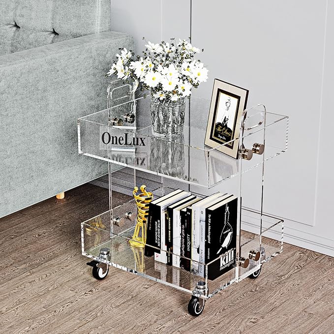 ONELUX (Flat Packed) Original Acrylic Side Table,Clear Table with Wheels,Acrylic Bedside Tables/Night Stand - 41×34×48H CM