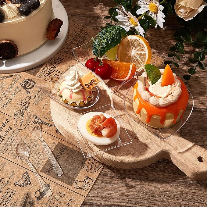 Tessco 400 Pcs Mini Dessert Plates Set, Including 200 Disposable Appetizer Plates Assorted Shape 100 Mini Plastic Forks 100 Plastic Spoons for Party Birthday(Clear)
