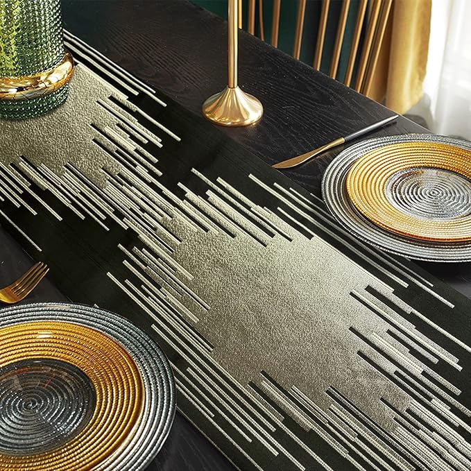 Black Table Runner 72 Inches Long Handmade Embroidery Modern Abstract Striped Pattern with Ring Stylish Tassels for Home Living Room Bedroom Dinner Room Kitchen Art Decor Thanksgiving