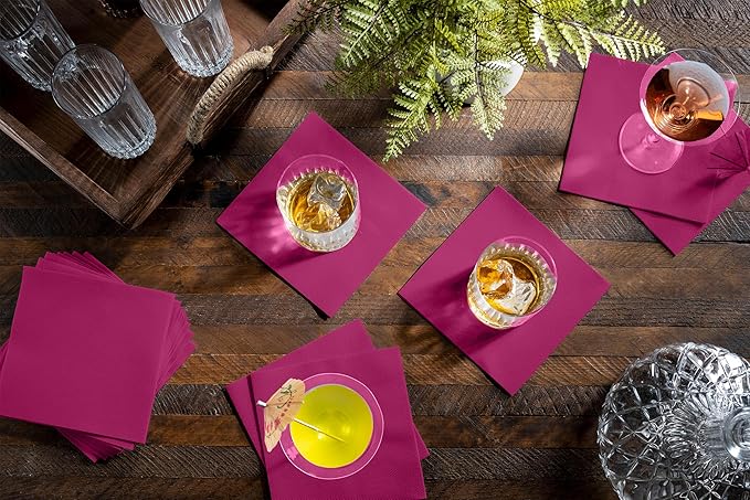Disposable Fuschsia Cocktail Napkins Paper - 4" x 4" High-End Linen-Like Beverage Party Square Paper Napkin Pack for Bar, Cafe, Restaurant, Christmas, Birthday, Wedding, Baby Shower - 100 Count