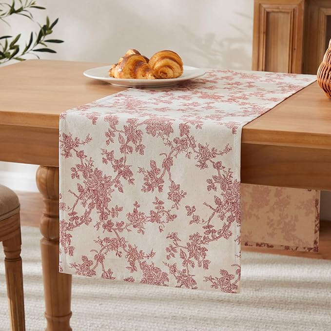 100% Cotton French Pastoral Table Runners, 13x90 Inch red Farmhouse Table Runners 90 Inches Long, Vintage Flowers Print Home Decors