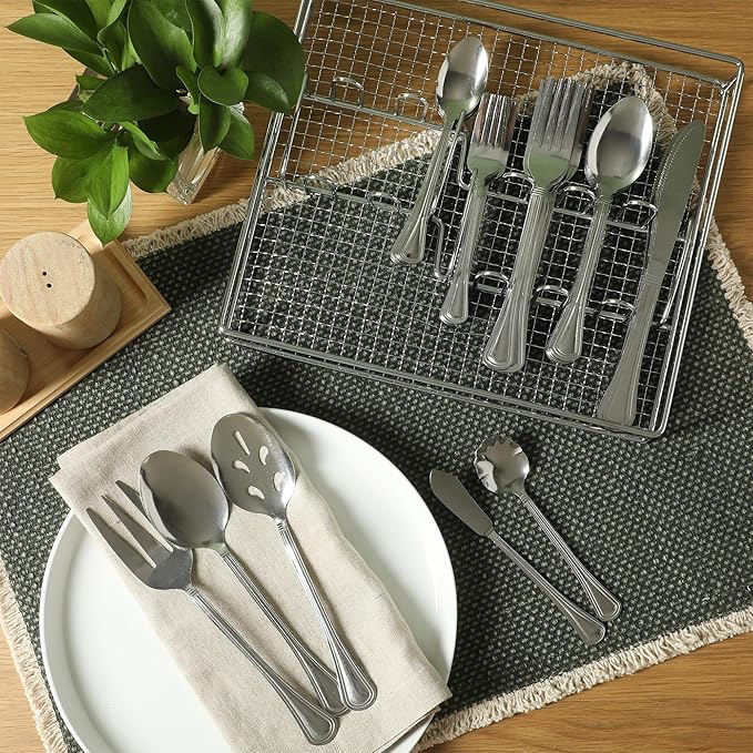 Gibson Home South Bay 65-Piece Stainless Steel Flatware Utensil Set with Wire Caddy – Silverware Service for 12 Plus Hostess Serving Pieces