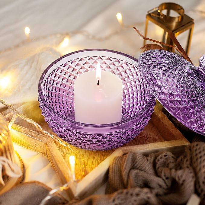 Joeyan 12 oz Small Purple Glass Jewelry Box Jars with Lid,Embossed Glass Candy Dishes,Diamond Faceted Food Container,Decorative Apothecary Canisters,Colored Kitchen Bathroom Buffet Storage Organizer