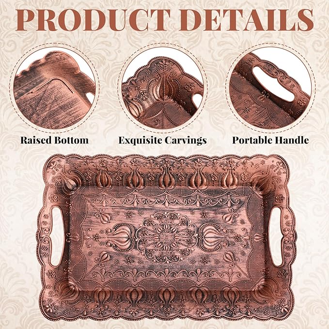 LemonRoad 6 Packs Plastic Copper Serving Trays with Handles 17 x 11 Inch Retro Vintage Embossing Rectangle Reusable Party Snack Decorative Serving Trays for Tea Coffee Fruit Dessert