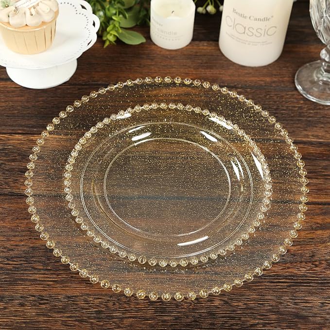 8" Salad Plates - Set of 20 - Plastic Clear Gold Glitter Round Disposable Dessert Appetizer Plate with Beaded Rim, Ideal for Dinner Party Wedding Bulk Events