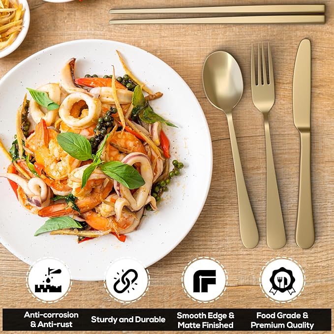 Upgraded 18/8 Stainless Steel 28-Piece Flatware Cutlery Set(Gold)-Silverware set for 4-Luxurious Home Kitchen Dinnerware Sets-Great Kitchen Accessories-Perfect House Warming/Christmas Gift
