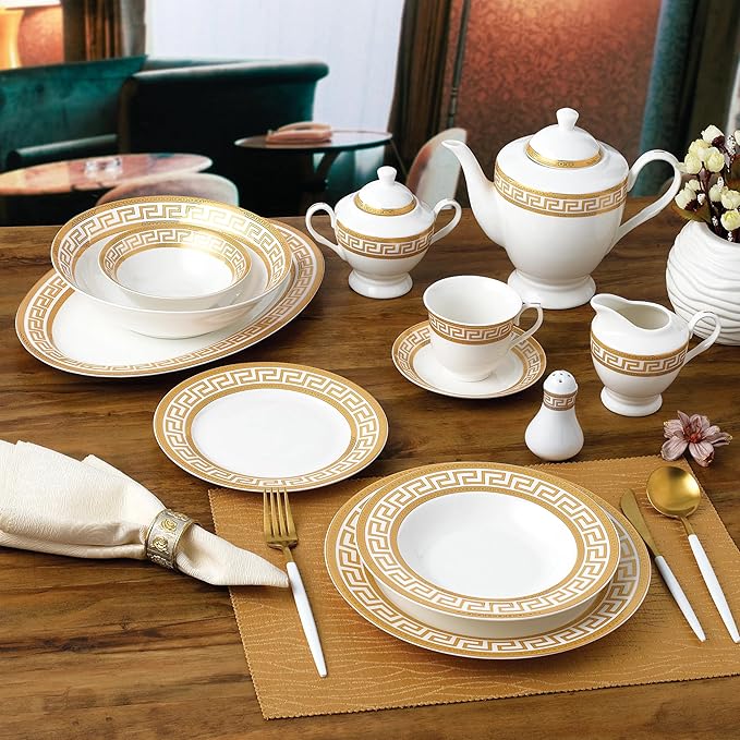 G1347-57G, 57-PCs Bone China Porcelain Dinnerware Set, Antique Greek Designed Tableware Set, Dining Table Setting for 8, Set of 57