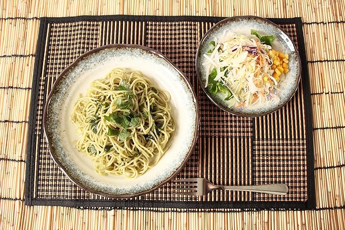 Mino Ware Japanese Ceramics 2 Pasta Plate & 2 Salad/Appetizer Plate Made in Japan (Japan Import) TNG003 (Rusty Green)