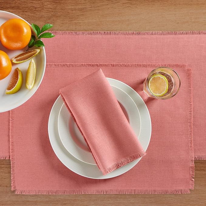 Solino Home Dusty Rose Linen Napkins Set of 4-100% Pure Linen Fringe Dinner Napkins 20 x 20 Inch