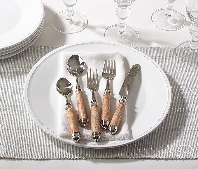 Natural Bark Wood Style Handle Place Setting Flatware (Set of 5)