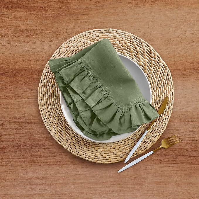 Solino Home Linen Ruffle Cloth Napkins Set of 4-100% Pure Linen Oil Green Dinner Napkins 20 x 20 Inch - Gabrielle Ruffle, Handcrafted and Machine Washable - Christmas, New Year
