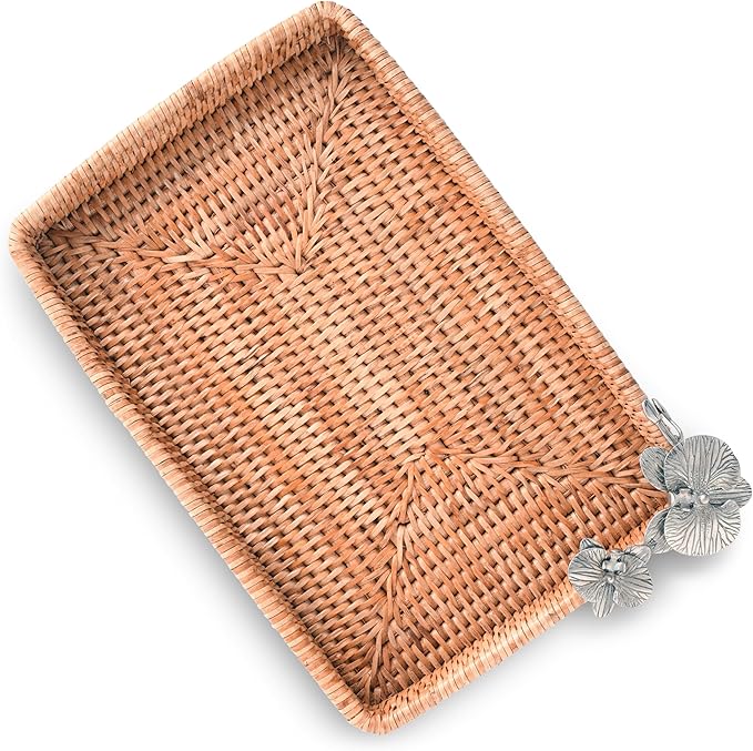 Vagabond House Handmade Wicker Tray, Small Rectangle Catchall Tray with Pewter Orchid Detail, Rattan Tray Woven Handmade Priemer Rattan Tray 12 X 9 Inches Small Designer Statement Tray