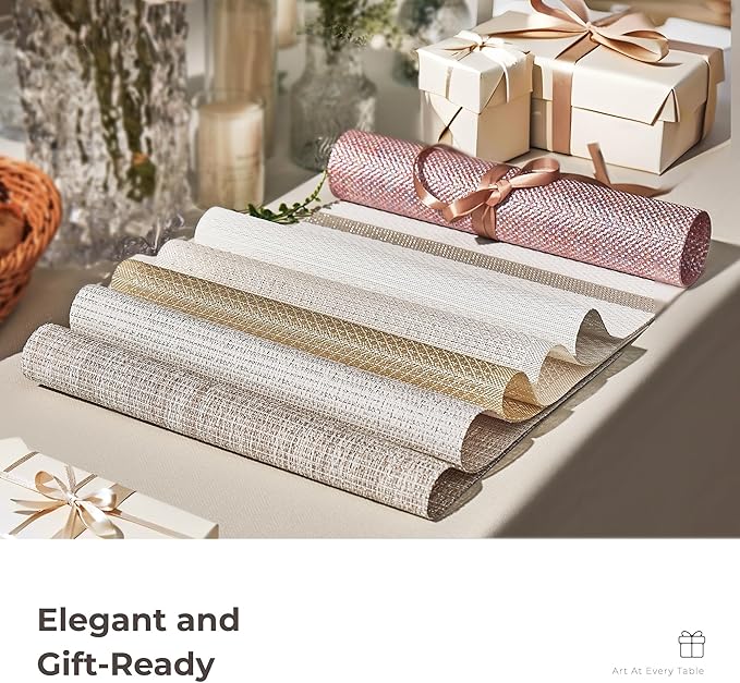 Leetaltree Luxury White Placemats with Gold Stripes Placemats Set of 4 - Waterproof Washable for Wedding, Anniversary, Daily Use - Sparkling Table Decor - Hand-Cut